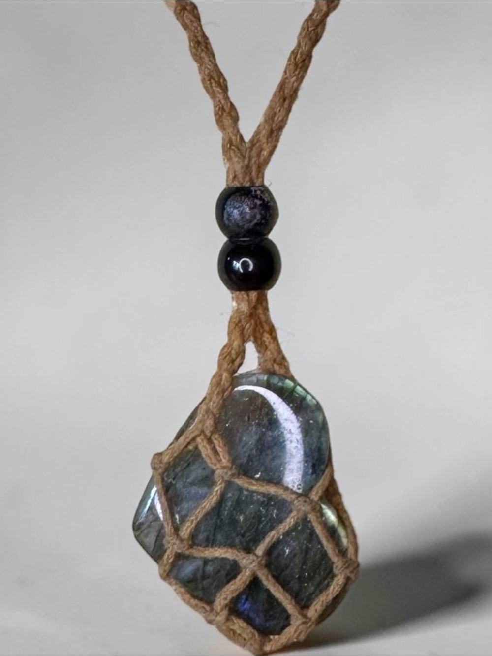 Vintage Handmade Labradorite Heart Pendant Necklace on Brown Cord
